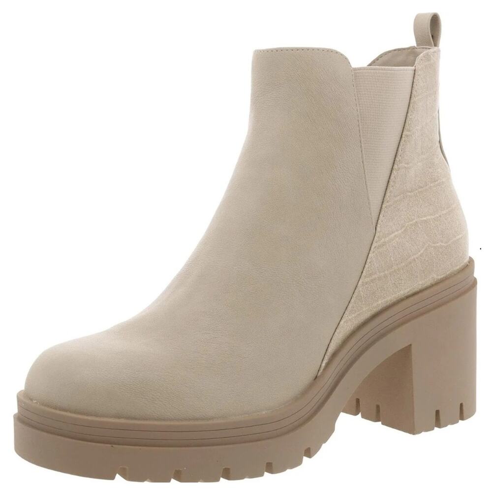 Sun+Stone Women Ecru Faux Leather Veronika Round Toe Block Heel Ankle Boots US 6